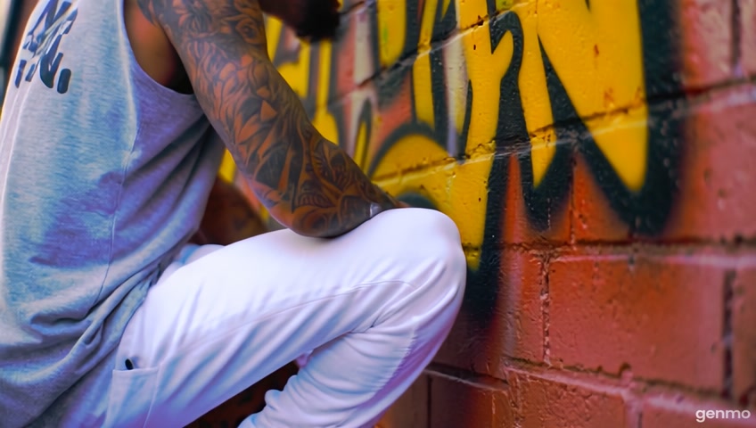 Un homme graffeur noir, avec d'énormes bras musclés et tatoués représentant des roses et une tête de loup. Il est vêtu d'un baggy blanc et d'un débardeur arborant le logo "NYC", il porte une casquette retournée. Il vient de taguer les mots "MAYA" et "JOHN" en jaune vif cerclé de noir sur un mur de briques du Bronx. Sa bombe à la main, il est de profil, accroupi et regarde ce qu'il a tagué, sous la lumière crue d'un après-midi urbain. On voit le mur où sont tagués les mots MAYA et JOHN.
