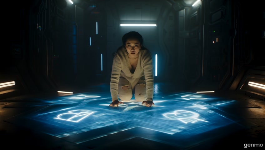 barefoot Chinese witch dressed in a torn sweater kneel and touch glowing alchemy symbols in futuristic circle panel in floor in magic room on futuristic space station . alchemy circle releases massive flashes of electricity light and dazzling magic energy toward the girls body and she absorb it into her body.