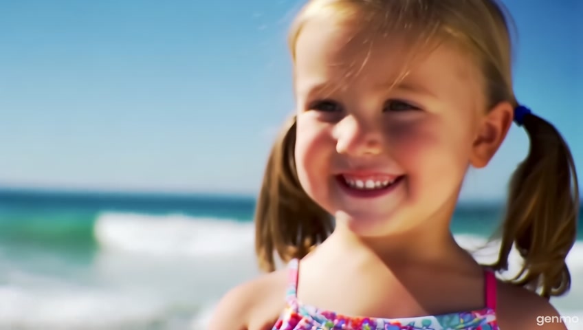 Young girl, age 7 years old, swimwear, dance, bare feet, pigtails, happy, beach,