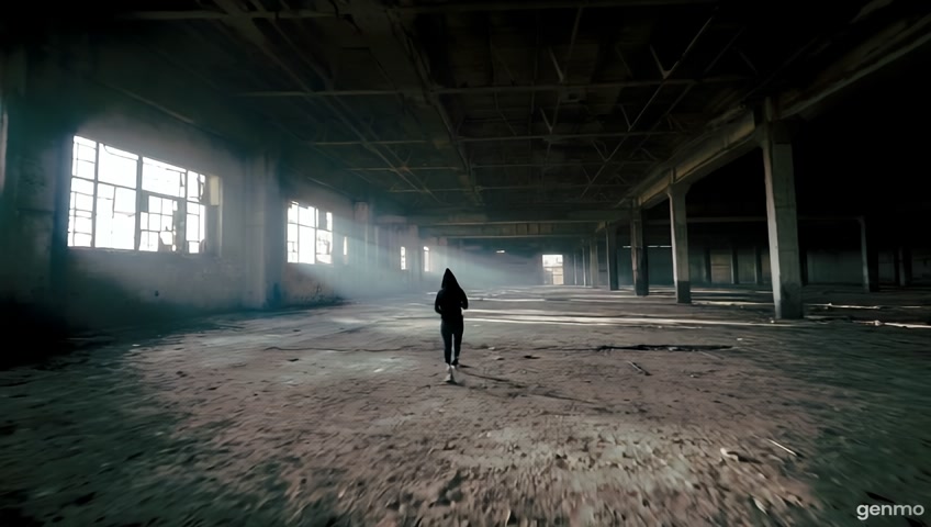 a shadow of a girl with hood on walking through an abonded factory