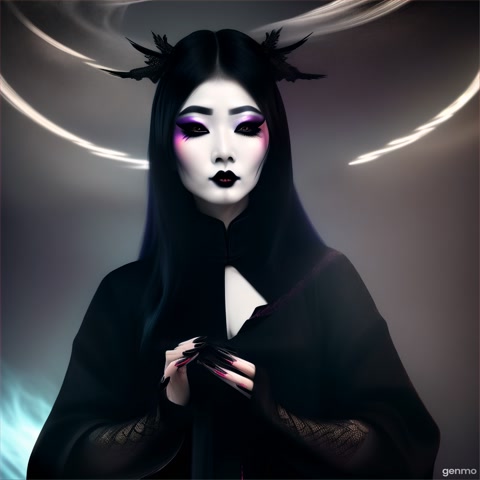 sexy barefoot Chinese goth witch with black makeupp and black lipstick dressed in a torn black sweater meditates and levitates high over floor on space station . she summons dark clouds and black smoke from surround and absorbs black magic into her body