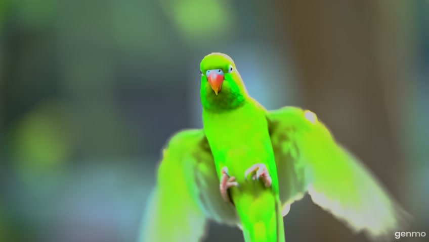 a green budgie hovering in the centre of the frame flapping its wings, no warping, no morphing