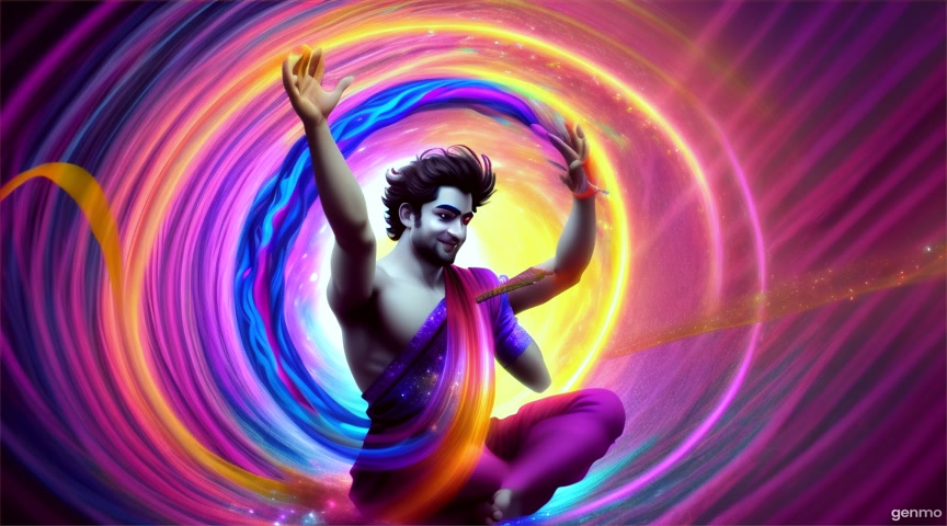 Lord Gopala happily playing and dancing surrounded by floating hibiscus flowers. Set on a background of neon purple, blue, yellow galaxy vortex spiraling in circles in the background.