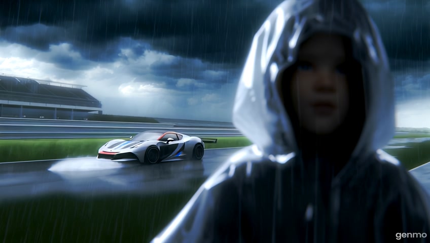 Swift and other cars on a racetrack with horrible weather and a realistic girl in the background