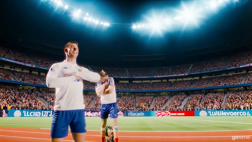 A high-energy stadium is packed with roaring fans as Cristiano Ronaldo and Lionel Messi prepare for an intense bicycle race. The race takes place on a professional cycling track under bright stadium lights. Ronaldo, wearing a white Real Madrid jersey, grips his handlebars with a confident smirk, adjusting his helmet. Messi, dressed in a blue and red Barcelona jersey, takes a deep breath, focused but slightly tense. The referee raises a flag as both legends get into position. The countdown begins—3, 2, 1… GO! The crowd erupts as the two football icons explode forward on their bicycles."