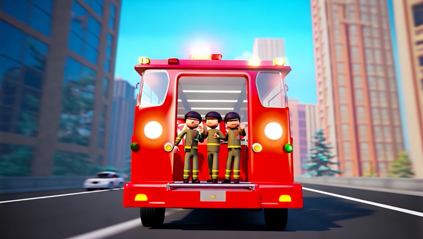 A shiny red fire truck races through a busy street, its siren blaring. Firefighters wave from the back, ready for action. The city skyline in the background is filled with tall buildings, and the sun reflects off the windows. make it in 3d cartoon