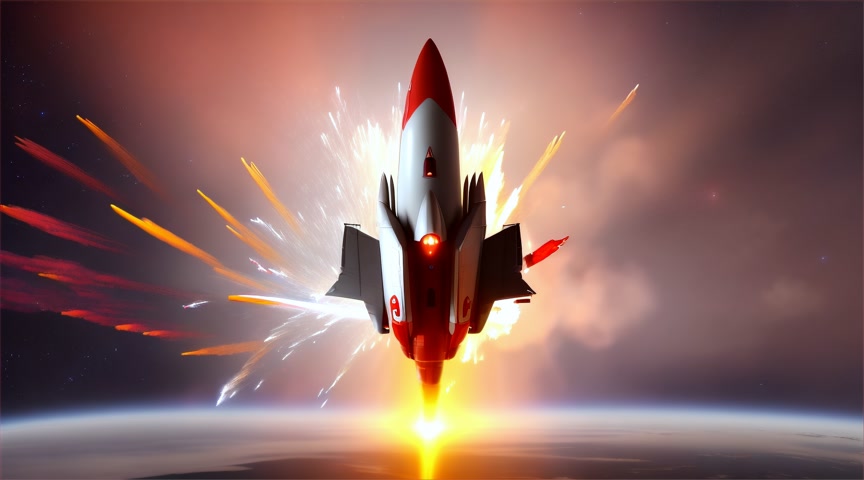 A silver and red rocket blasts into space. Flames and smoke come from the bottom, and stars twinkle in the background in 3d cartoon