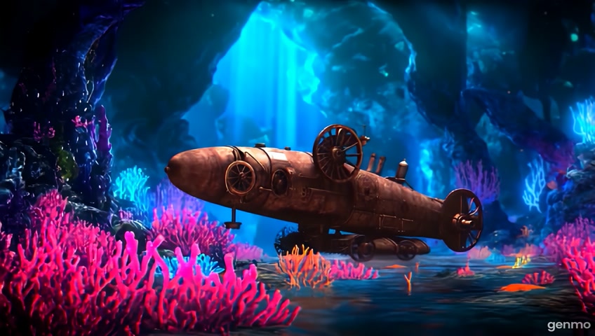 An awe-inspiring, steam-punk submarine exploring a luminous, magical underwater fantasy realm. Rusted metal textures and intricate gears of the submarine contrast with the ethereal beauty of the underwater world filled with glowing corals, fantastical marine creatures, and shimmering mystical light. Set in an epic cinematic scene, evoking mystery and wonder.