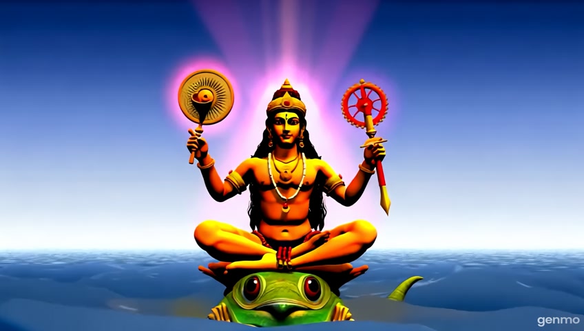 create an video of lord vishnu sitting on a big turtle resembling  Koormavatara , he is having shanku chakra , 4 hands Mace and sword along with the might sudarsana chakra on his finger