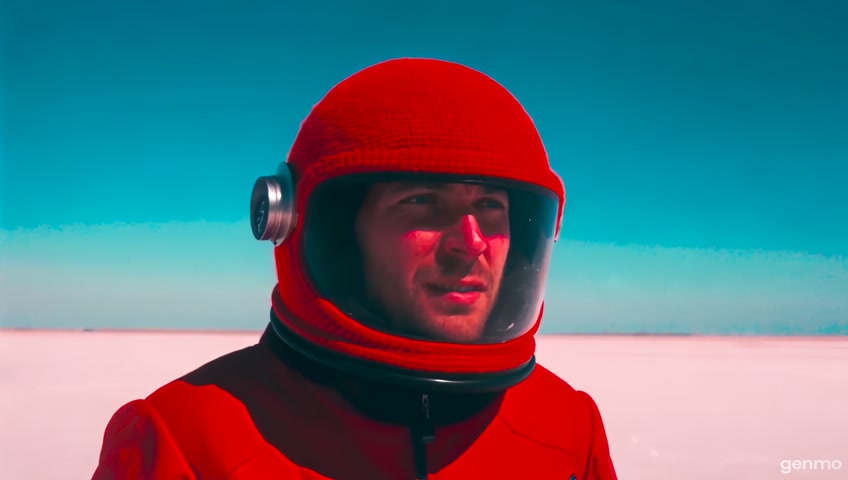 A movie trailer featuring the adventures of the 30 year old space man wearing a red wool knitted motorcycle helmet, blue sky, salt desert, cinematic style, shot on 35mm film, vivid colors