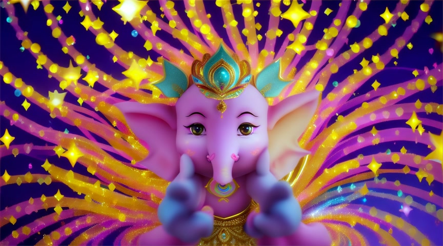 Lord Ganesha baby happily playing throwing gold sparkles and dancing, surrounded by floating hibiscus flowers and diamonds. Set on a background of neon purple, blue, yellow galaxy vortex spiraling in circles in the background.
