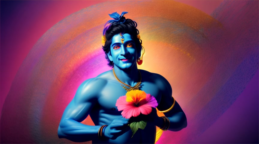 Surrounded by pot plants of hibiscus flowers, real life detailed human looking Lord blue krishna man happily growing hibiscus flowers. Set on a background of neon purple, blue, yellow galaxy spiraling  background.