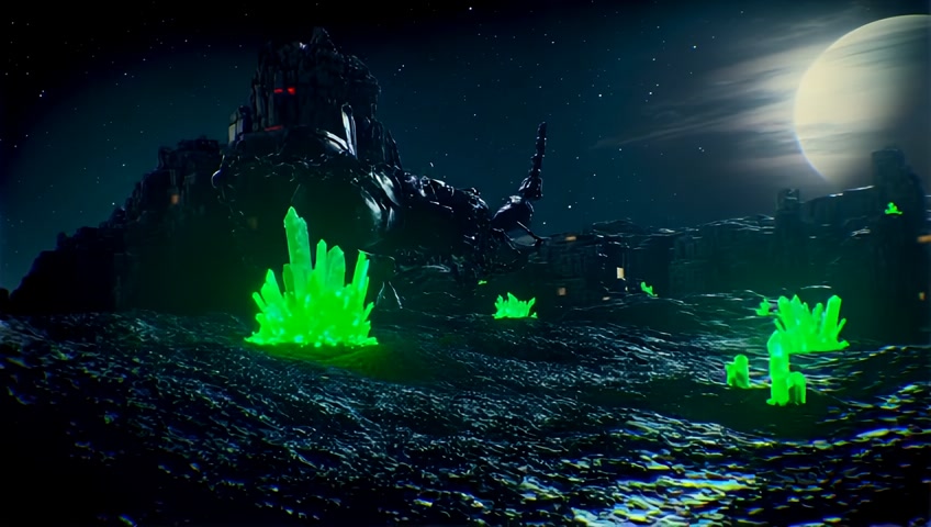 on the green meteor planet of antia, epic establishing shot of the surface of the planet, which has networks of tunnels and caves underground, pillars of stone and dirt create the tunnel openings, the planet has green luminous crystals in the ground, it is bright on the surface from the orbiting planet saturn, the queen ant is chained up with 4 black metal chains, the queen ant is the size of a titan and the chains holding the pregnant queen ant in position, are like supports for a suspension bridge, there are buildings carved into the stone mountain face to show the scale and size of the gigantic queen ant, uhd, detailed, cinematic movie trailer, FUNGI AND MUSHROOMS THAT GLOW, single-point camera, the queen in the center of the dark, rocky terrain, large tunnels and caves, horror, sci-fi