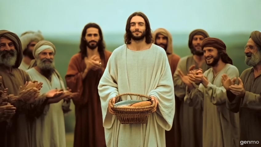 The video screen shows Jesus and his disciples in full view. Jesus is holding a basket with two fish and five barley loaves in one hand, and the disciples are clapping with joy