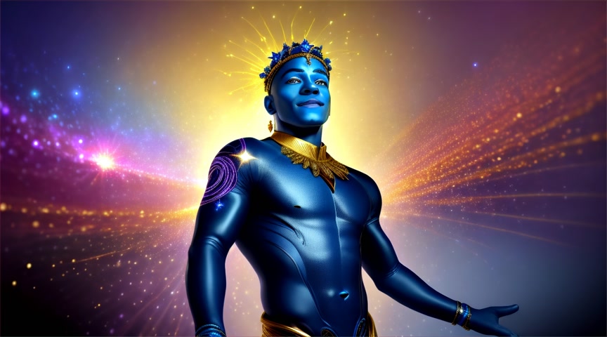 A real life detailed bejeweled  blue lord krishna blue man happily dancing Pirouette within a colorful  flower garden. Set on a background of dark purple star filled galaxy vortex with  gold lightening.