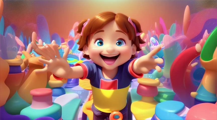 3D cartoon style,The screen shows a cute, animated character waving on screen.cute kids showing their clean hands