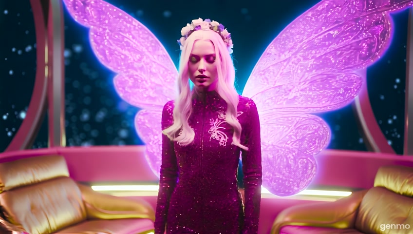 Female fairy (ethnicity:1.0, age:1.2), (detailed clothing:1.3), (detailed accessories: 1.3), (facial features: 1.2), (expression:1.1), (body type:1.1), (pose:1.2), wearing a futuristic, fuschia sparkling catsuit (detailed embroidery:1.3), with large, iridescent wings (detailed texture:1.2), (glow:1.2) surrounded by pink disco starship (detailed petals:1.2) and gold furniture, (lighting:1.2), soft pink and blue light, (atmosphere:1.2), with a gentle, ethereal glow, (composition:1.2), portrait style, (perspective:1.1), center-frame, looking slightly downward, (hair style:1.2), long, pale blond hair, floral crown, semi-profile view, floral elements are detailed and meticulously sculpted, (skin texture:1.2), photorealistic style, (detailed lighting effects:1.3), rich, vibrant colors, night setting, starry background, (flower detail:1.3)