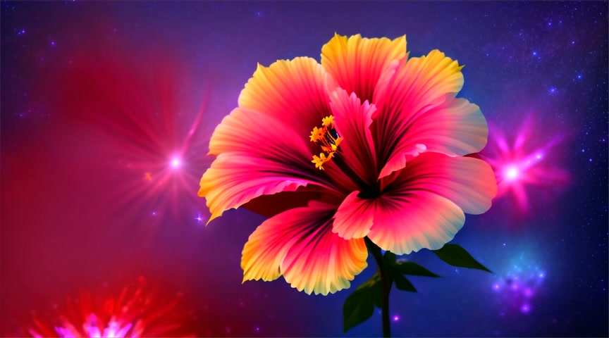 A  garden of neon hibiscus flowers opening and closing with globulous petals. Set on a background of dark  blue, gold star filled galaxy.
