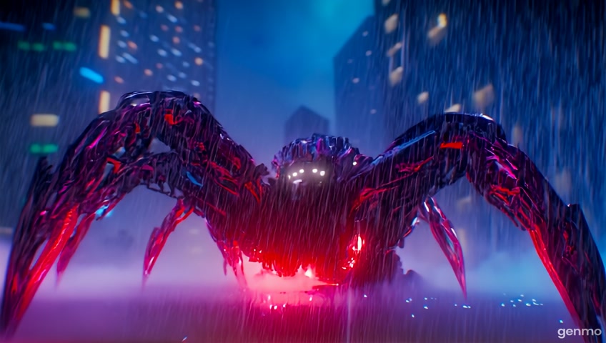 Three striking figures stand confidently in a vibrant, rain-soaked urban environment, each clad in sleek, black and red spider suits featuring a prominent spider emblem. Their angular, glowing eyes pierce through the misty air, reflecting the neon lights from towering buildings. Sinister, mechanical spider legs emerge from their backs, extending outward with an air of intimidation. The rain glistens on the slick pavement, amplifying the scene's dynamic intensity.