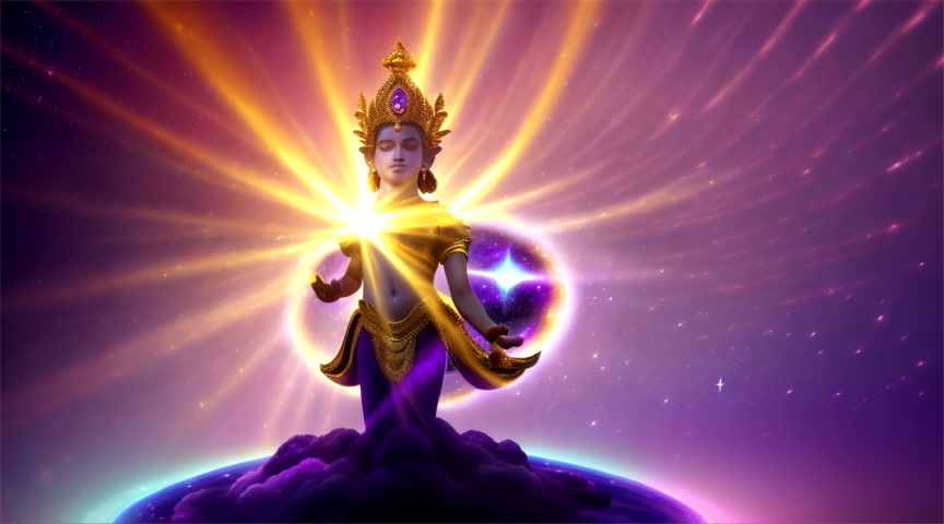 from a distance, standing on a floating cloud dancing Sevillanas, sun shining on his face, a real life bejeweled lord god blue Vishnu man dancing Sevillanas. Set on a background of dark purple, a star filled galaxy vortex.