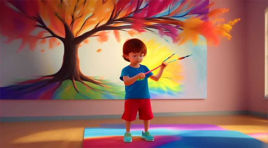 A curious cute little child (3d cartoon-style character).A The child paints a tree, and suddenly—it starts DANCING