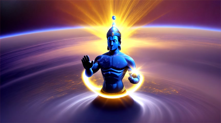 A happy Blue Vishnu standing tall on a floating cloud and waving his hand, turning around and standing tall and waving his hand, Sun shining from a corner, with gold lightening strikes. Set on a background of dark purple, a star filled galaxy vortex.