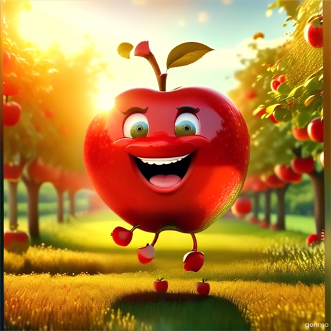 a red apple with a happy face running through a field of apples 16:9