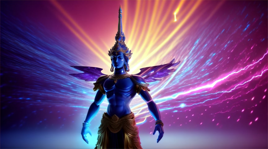 A happy real life bejeweled Blue Vishnu man standing tall on a floating cloud, turning around and standing tall and waving his hand, with neon lightening strikes. Set on a background of dark purple, a star filled galaxy vortex.