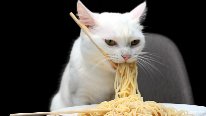 "A white cat is sitting on a chair, eating Korean noodles with chopsticks. The noodles are placed on a table in front of the cat. The background is completely black, creating a dramatic contrast. The cat looks focused while enjoying its meal."