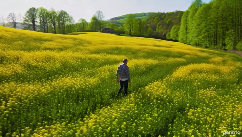 a man walking i a green field with yellow blossoms here and there
