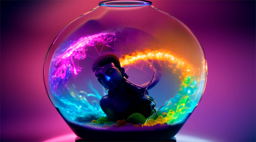 Contained inside a glass Terrarium with neon rainbow flowers  and  blue male lord Krishna waving his arm and winking inside.  set on a deep purple background.