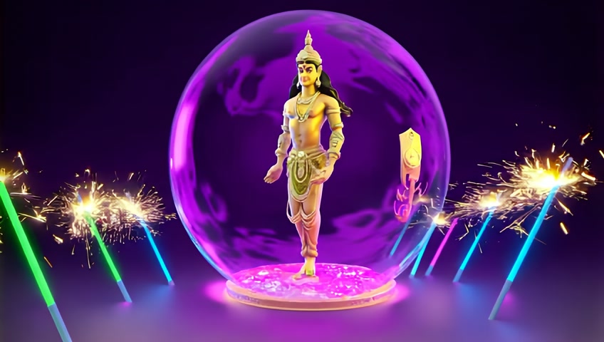 from a distance, Contained inside a crystal floating bubble bejewelled male lord blue blue Krishna standing on a moon disk dancing flamenco and moving his hands with neon rainbow sparklers inside the bubble.   Background - set on a deep purple background.