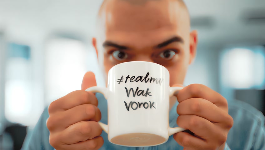 1. Introducción (0:00 - 0:10)
Visual: Un empleado sonriendo demasiado, con una taza que dice #TeamWork.