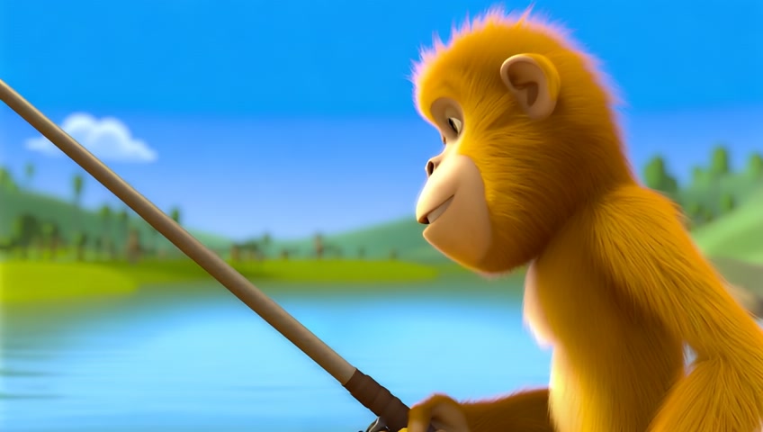 Pixar style golden monkey sits the river bank fishing with rod and line the camera looks at the monkey side ways on you can see all of his fishing rod the monkey catches a fish and the fishing rod bends double as the fish try's to avoid being caught