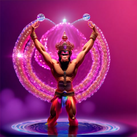 viewed from a distance, Contained inside a crystal floating bubble - bejeweled  monkey King Hanuman bejeweled  happily standing on neon rainbow sparkling pond dancing flamenco, dancing flamenco - all Contained inside a crystal floating bubble.   Background - set on a deep purple background.