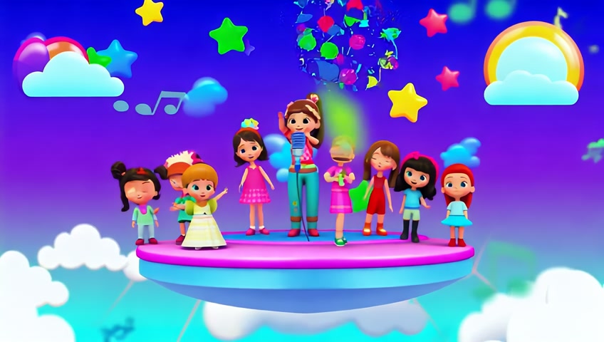 Barbie and her friends perform music on a floating stage surrounded by clouds. She sings with a magical microphone while stars dance around them, and colorful musical notes float in the sky.make it in 3d cartoons.