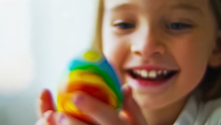 a small child is holding a painted Easter egg, this child is smiling