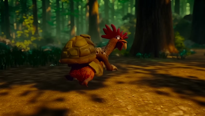 Pes, který má místo své hlavy hlavu kohouta a na zádech má želví krunýř, běží po lesní cestě.