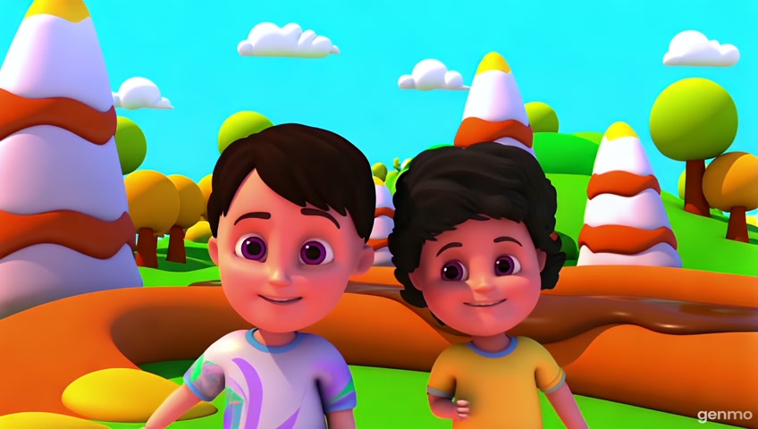 3D animated scene with ice cream mountains, chocolate rivers, and candy trees in the background. Two Indian kids, a boy and a girl, wearing colorful t-shirts and pants, are joyfully dancing in the foreground on a sunny day