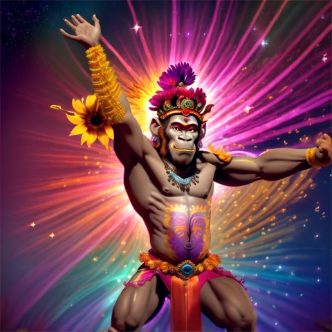 viewed from a distance, bejeweled monkey King Hanuman monkey dancing Salsa.  surrounded by floating large sunflowers and hibiscus flowers. bejeweled monkey King Hanuman monkey dancing Salsa. set on a background of  neon blue, pink, purple, yellow galaxy with planets.