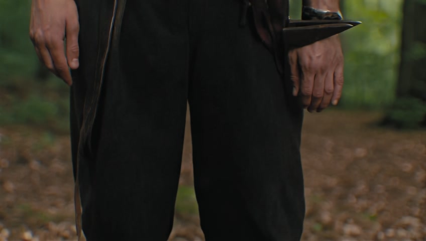 18th century, charismatic but dangerous man. His eyes are dark, piercing and cold. He has dark hair, a beard and a mustache. His clothes are a dark vest, a white, embroidered shirt, wide trousers, a red wide belt at the waist, a heavy belt with guns and knives, in the forest.