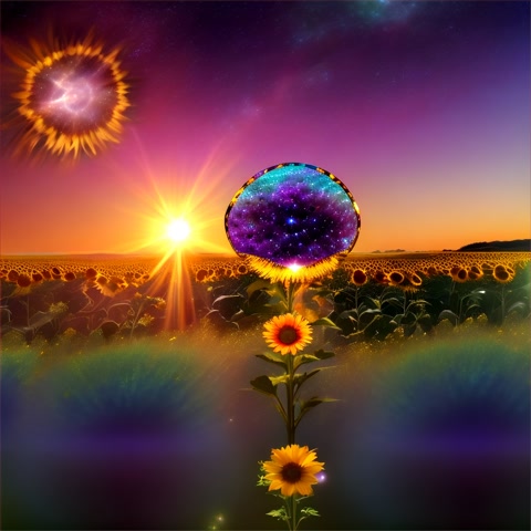 viewed from a distance, floating crystal gem, sunflowers and hibiscus flowers. Surrounded by growing  large sunflowers and hibiscus flowers. set on a background of galaxies and planets.