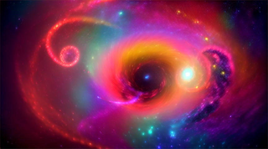 viewed from a distance, very fast time lapse of unfolding Bouquet of flower buds of  of roses, hibiscus flowers, sunflowers.  - floating in neon galaxies with planets.