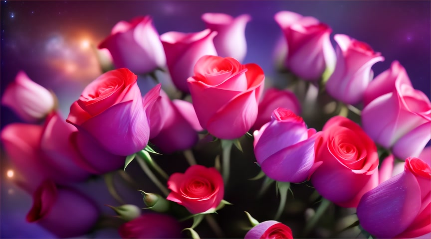 viewed from a distance, very fast time lapse of unfolding Bouquet of roses flower buds .  - floating in neon galaxies with planets.