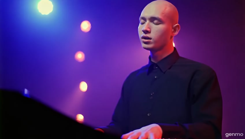 At Night, inside the empty music hall, a close view of an emotional singing young bald man in black long sleeve formal shirt sitting at the piano on the hall stage looking at the camera playing piano while singing with emotional with disco lights in the background