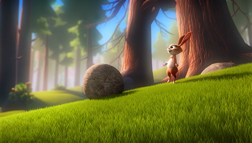 On top of a grassy cartoon-style hill in the bright forest, a small rabbit is using all its strength to push a large round stone. The rabbit's face shows determination, its feet planted firmly as it slowly gets the stone to roll forward. As the stone begins to move, it starts rolling down the hill toward the valley below. The background shows a beautiful forest with birds flying, trees swaying, and sunlight shining through the clouds. The mood is playful but exciting, with a sense of motion and energy. Add some light action music and a dust trail behind the rolling stone to enhance the scene.