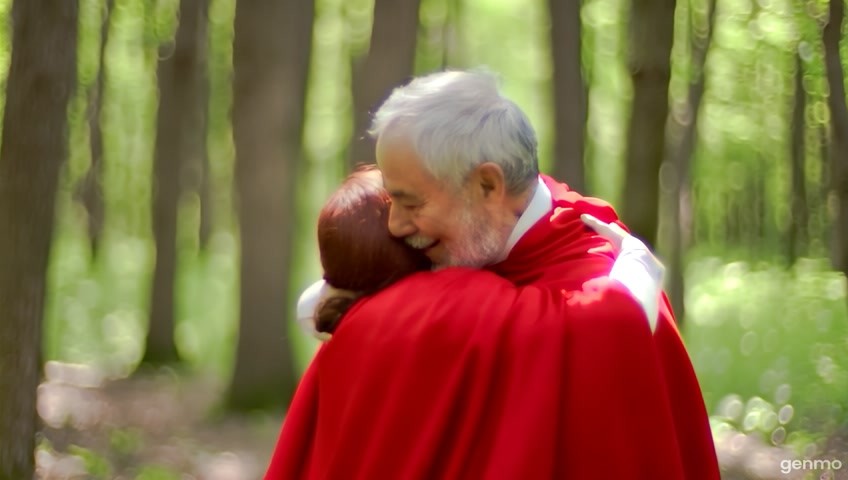 creation of a classical  little red ridding hood  and her grandpa hug together and thanks to woodcutter