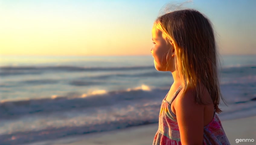 Small girl, age 12 years old, blonde, shy, beachwear, tanned body, beach,
