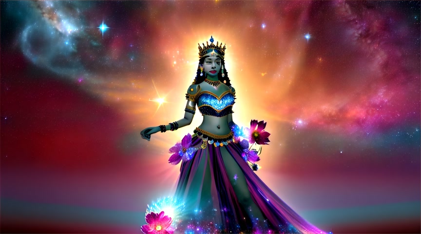 In the distance Bejeweled queen goddess Shakti walking on a starry foot path in the milky way. time lapse of blooming flower buds of Bouquets of roses, hibiscus flowers, sunflowers surrounding - floating in neon galaxies with planets.