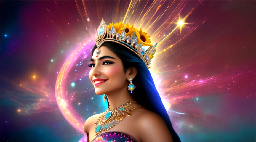 We see her from a far distance arriving on a star "Shakti moving her legs and arms walking on a starry foot path in the milky way." A Bejeweled queen goddess Shakti with pleasant smiling face, moving her legs Walking on a starry foot path. Blooming flower buds of Bouquets of roses, hibiscus flowers, sunflowers surrounding - floating in neon galaxies with planets.